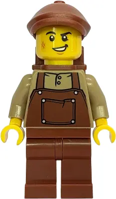 BDP303:  Gold Mine Miner - Male, Dark Tan Shirt with Reddish Brown Apron, Reddish Brown Legs, Flat Cap and Backpack