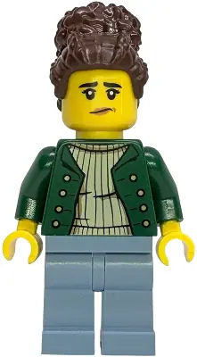 BDP304:  Gold Mine Worker - Female, Dark Green Open Jacket, Sand Blue Legs, Dark Brown Coiled Hair with Bun