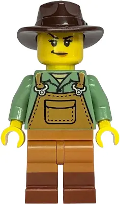 BDP305:  Gold Mine Miner - Female, Medium Nougat Overalls over Sand Green Shirt, Reddish Brown Boots, Dark Brown Fedora