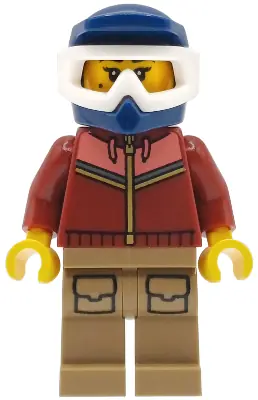 BDP307:  Mountain Bike Cyclist - Female, Dark Red and Coral Jogging Suit, Dark Tan Legs with Pockets, Dark Blue Dirt Bike Helmet, White Goggles