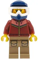 Minifigurka: BDP307:  Mountain Bike Cyclist - Female, Dark Red and Coral Jogging Suit, Dark Tan Legs with Pockets, Dark Blue Dirt Bike Helmet, White Goggles