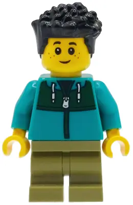 BDP308:  Child - Boy, Dark Turquoise Jacket with Dark Green Panel, Olive Green Medium Legs, Black Hair