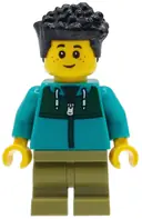Minifigurka: BDP308:  Child - Boy, Dark Turquoise Jacket with Dark Green Panel, Olive Green Medium Legs, Black Hair