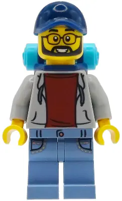 BDP309:  Camper - Male, Light Bluish Gray Hoodie with Dark Red Shirt, Sand Blue Legs with Pockets, Dark Blue Cap, Backpack