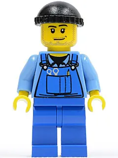BOAT011:  Overalls with Tools in Pocket Blue, Black Knit Cap, Smirk and Stubble Beard