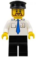 Minifigurka: BOAT012:  Boat Captain with Blue Tie and Anchor on Pocket, Black Hat, Brown Beard Rounded