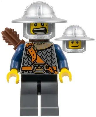 CAS344:  Fantasy Era - Crown Knight Scale Mail with Chest Strap, Helmet with Broad Brim, Dual Sided Head, Dark Bluish Gray Legs, Quiver
