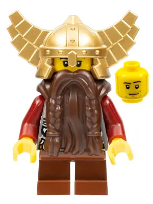 CAS356:  Fantasy Era - Dwarf, Dark Brown Beard, Metallic Gold Helmet with Wings, Dark Red Arms, Smirk and Stubble Beard