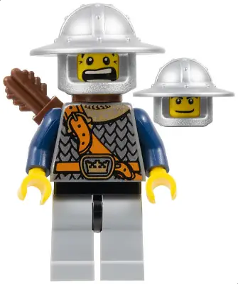 CAS374:  Fantasy Era - Crown Knight Scale Mail with Chest Strap, Helmet with Broad Brim, Dual Sided Head, Light Bluish Gray Legs, Quiver