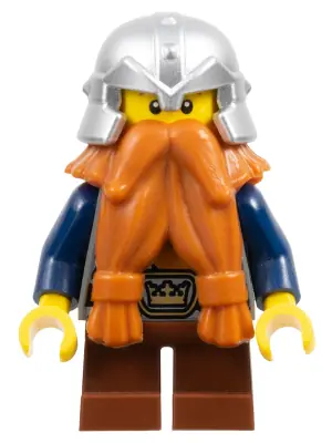 CAS392:  Fantasy Era - Dwarf, Dark Orange Beard, Metallic Silver Helmet with Studded Bands, Dark Blue Arms, Brown Eyebrows, Thin Grin