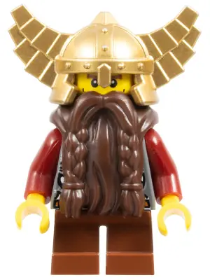 CAS394:  Fantasy Era - Dwarf, Dark Brown Beard, Metallic Gold Helmet with Wings, Dark Red Arms, Vertical Cheek Lines