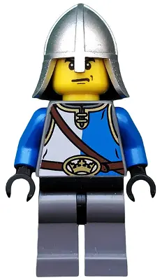 CAS521:  Castle - King's Knight Blue and White with Chest Strap and Crown Belt, Helmet with Neck Protector, Angry Eyebrows and Scowl