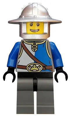 CAS526:  Castle - King's Knight Blue and White with Chest Strap and Crown Belt, Helmet with Broad Brim, Open Grin