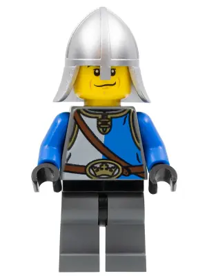 CAS530:  Castle - King's Knight Blue and White with Chest Strap and Crown Belt, Helmet with Neck Protector, Scared Face
