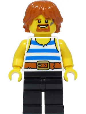 CAS556:  Blacksmith - White Tank Top with Blue Stripes, Black Legs, Dark Orange Hair