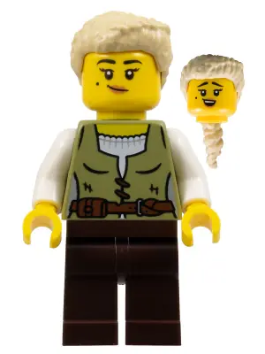 CAS582:  Carpenter - Female, Olive Green Vest, Dark Brown Legs, Tan Coiled Hair Ponytail
