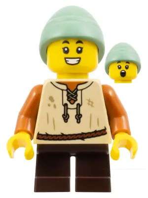 CAS584:  Peasant Boy - Tan Vest, Dark Brown Short Legs, Sand Green Slouch Hat