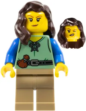 CAS587:  Shieldsmith - Female, Sand Green Vest, Dark Tan Legs, Dark Brown Hair over Shoulder