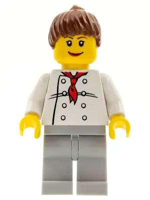 CHEF019:  Chef - White Torso with 8 Buttons, Light Bluish Gray Legs, Reddish Brown Ponytail Hair, Brown Eyebrows, Female