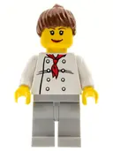 Minifigurka: CHEF019:  Chef - White Torso with 8 Buttons, Light Bluish Gray Legs, Reddish Brown Ponytail Hair, Brown Eyebrows, Female