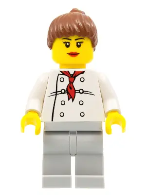 CHEF019A:  Chef - White Torso with 8 Buttons, Light Bluish Gray Legs, Reddish Brown Ponytail Hair, Black Eyebrows, Female