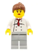 Minifigurka: CHEF019A:  Chef - White Torso with 8 Buttons, Light Bluish Gray Legs, Reddish Brown Ponytail Hair, Black Eyebrows, Female