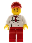 Minifigurka: CHEF023:  Chef - White Torso with 8 Buttons, Red Legs and Red Cap with Hole (City Square Hot Dog Vendor)