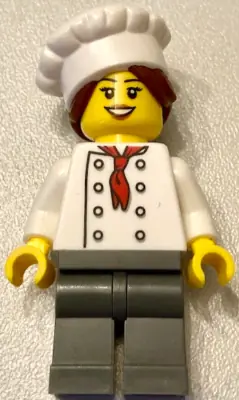 CHEF028:  Chef - White Torso with 8 Buttons, Dark Bluish Gray Legs, Hair in Bun