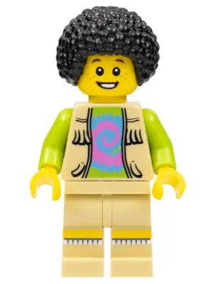 COL266:  Musician - Male, Vest with Fringe over Lime Top with Pink and Blue Swirl, Black Bushy Hair