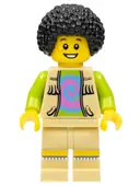 Minifigurka: COL266:  Musician - Male, Vest with Fringe over Lime Top with Pink and Blue Swirl, Black Bushy Hair