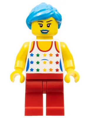 COL268:  Musician - Female, White Top with Rainbow Stars, Red Legs, Dark Azure Ponytail and Swept Sideways Fringe, Blue Lips