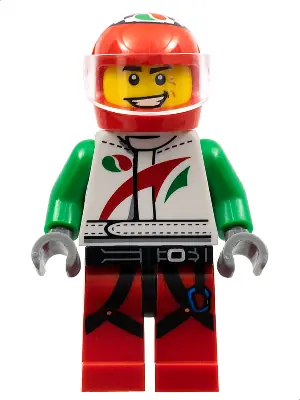 COL270:  Race Car Driver, White Octan Racing Suit with Octan Logo, Black Leg Straps with Carabiner
