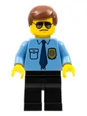 Minifigurka: COL282:  Police - City Shirt with Dark Blue Tie and Gold Badge, Black Legs, Brown Male Hair, Sunglasses