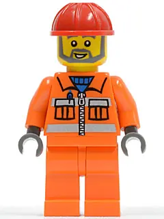 CON008:  Construction Worker - Orange Zipper, Safety Stripes, Orange Arms, Orange Legs, Red Construction Helmet, Gray Angular Beard