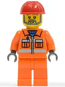 Minifigurka: CON008:  Construction Worker - Orange Zipper, Safety Stripes, Orange Arms, Orange Legs, Red Construction Helmet, Gray Angular Beard