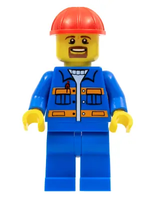 CON009:  Blue Jacket with Pockets and Orange Stripes, Blue Legs, Red Construction Helmet, Brown Moustache and Goatee