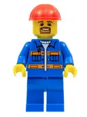 Minifigurka: CON009:  Blue Jacket with Pockets and Orange Stripes, Blue Legs, Red Construction Helmet, Brown Moustache and Goatee