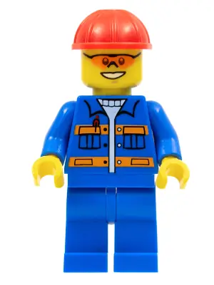 CON010:  Blue Jacket with Pockets and Orange Stripes, Blue Legs, Red Construction Helmet, Orange Sunglasses