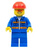 Minifigurka: CON010:  Blue Jacket with Pockets and Orange Stripes, Blue Legs, Red Construction Helmet, Orange Sunglasses