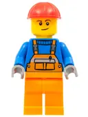 Minifigurka: CON011:  Overalls with Safety Stripe Orange, Orange Legs, Red Construction Helmet, Lopsided Smile