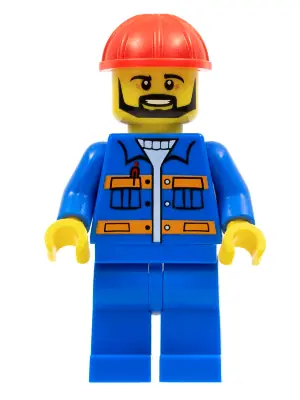CON012:  Blue Jacket with Pockets and Orange Stripes, Blue Legs, Red Construction Helmet, Black Angular Beard