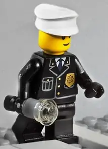 COP045:  Police - City Suit with Blue Tie and Badge, Black Legs, White Hat - with Light-Up Flashlight