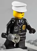 Minifigurka: COP045:  Police - City Suit with Blue Tie and Badge, Black Legs, White Hat - with Light-Up Flashlight
