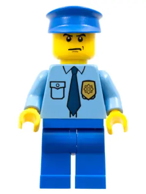 COP054:  Police - City Shirt with Dark Blue Tie and Gold Badge, Blue Legs, Blue Police Hat, Scowl
