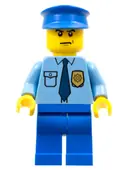 Minifigurka: COP054:  Police - City Shirt with Dark Blue Tie and Gold Badge, Blue Legs, Blue Police Hat, Scowl