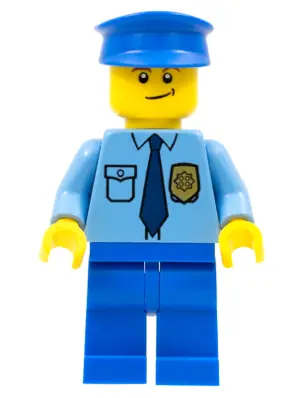 COP055:  Police - City Shirt with Dark Blue Tie and Gold Badge, Blue Legs, Blue Police Hat, Crooked Smile