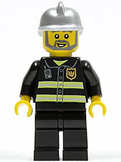 CTY0004:  Fire - Reflective Stripes, Black Legs, Silver Fire Helmet, Gray Beard