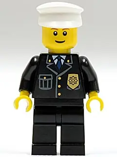 CTY0005:  Police - City Suit with Blue Tie and Badge, Black Legs, White Hat, Brown Eyebrows, Thin Grin