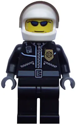 CTY0006:  Police - City Leather Jacket with Gold Badge, White Helmet, Trans-Brown Visor, Dark Blue Sunglasses