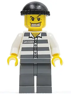 CTY0007:  Police - Jail Prisoner 50380 Prison Stripes, Dark Bluish Gray Legs, Black Knit Cap, Gold Tooth